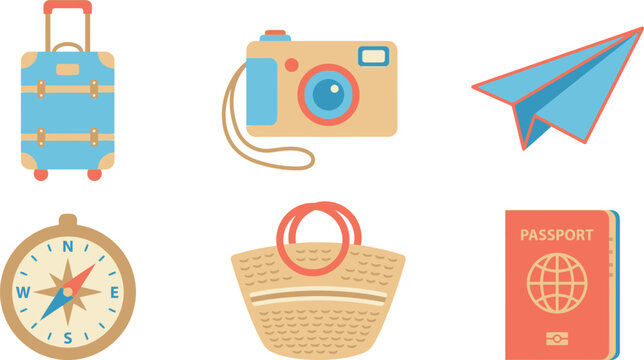 Summer Travel and Leisure Flat Vector Set Suitcase Camera Passport Compass Tote Bag and Paper Airplane Icons
