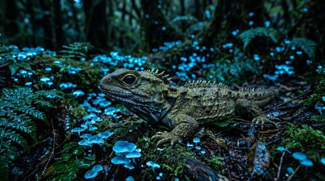 Mysterious Tuatara Reptile Amid Glowing Bioluminescent Mushrooms in a Dark New Zealand Forest.