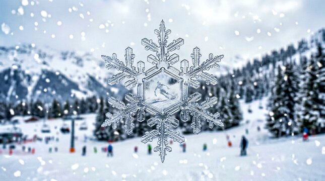 Snowy mountain scene with large snowflake and ski resort