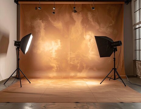 A professional photography studio setup with softboxes and a textured backdrop.