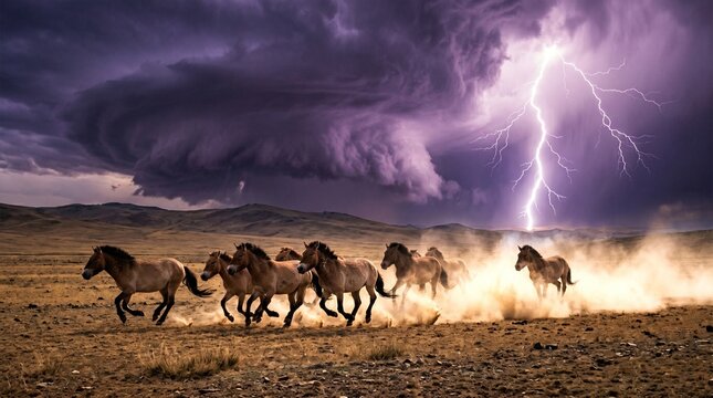 Majestic wild horses gallop through dusty steppe under a powerful lightning storm.