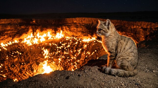 Majestic Sand Cat Gazes at Fiery Darvaza Gas Crater Under Starry Desert Night