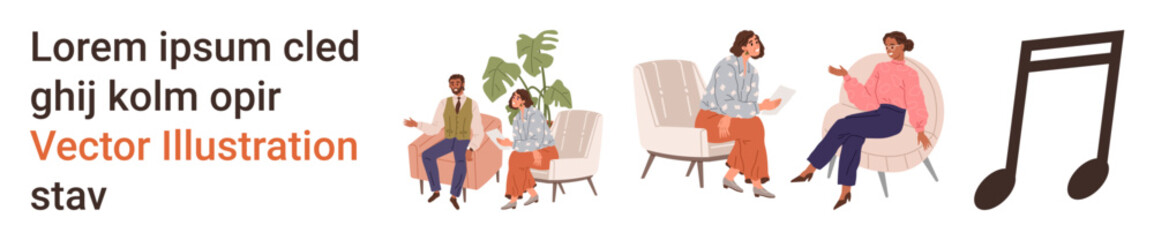 Fototapeta premium Communication, group meeting, casual interaction, teamwork, music, creative collaboration. A group of people sitting and conversing in modern chairs alongside a musical note symbol. Communication