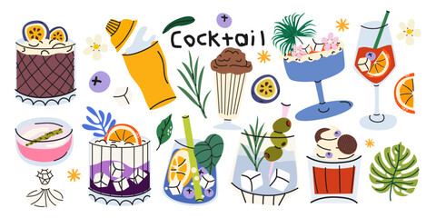 Alcoholic cocktail collection in glasses of different shapes in cartoon retro style. Tropical summer drinks with ice cubes, straws, citrus slices, passion fruit, olives. Beverage vector set © luamor