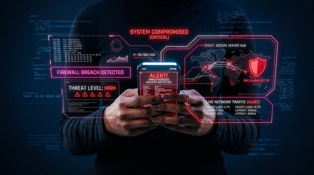Person holding smartphone with security alerts on digital interface  