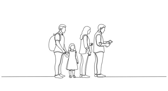 People standing in queue checking phones against plain background