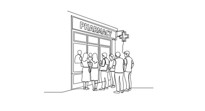 People waiting at pharmacy entrance against urban background