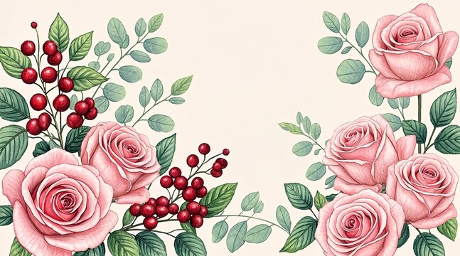 Delicate pink roses and red berries with green leaves, a charming floral arrangement