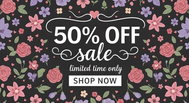 50% off sale banner with dark floral pattern and heart