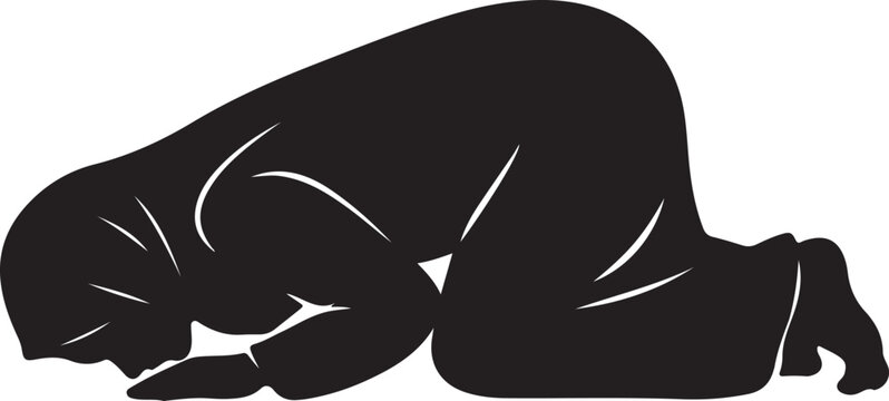 Muslim man prostration sujood side view Islamic prayer silhouette vector isolated for religious design
