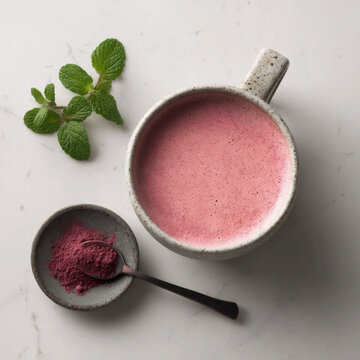 Top view of pink beetroot latte in ceramic mug with beet powder in bowl and fresh mint leaves on white marble background, healthy superfood drink flat lay.