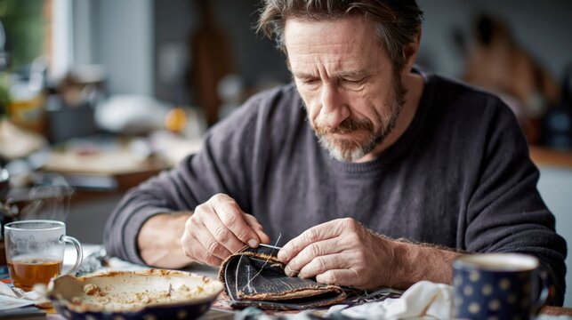 Man sewing leather wallet at table