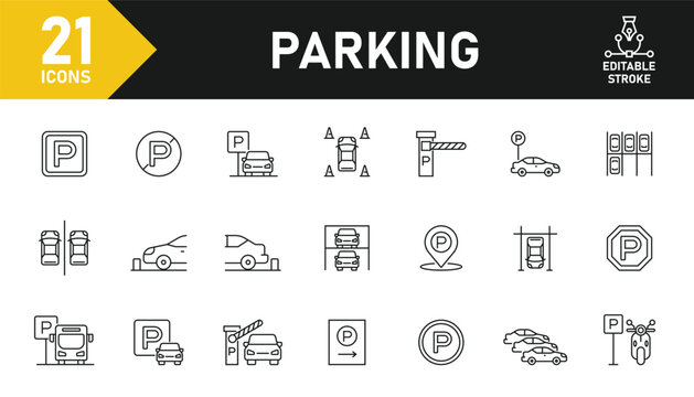 Parking line icon set. Set of 21 outline icons related to parking area, no parking, traffic, roadsign and others. Editable stroke. Vector illustration.