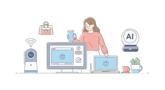 Flat design woman working with AI technology, smart home devices, and wireless internet, modern workspace with computer, laptop, and mobile