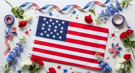 Fototapeta premium Patriotic American flag flat lay with red and white roses, blue flowers, and decorative stars for Independence Day, Memorial Day, or Veterans Day celebration.