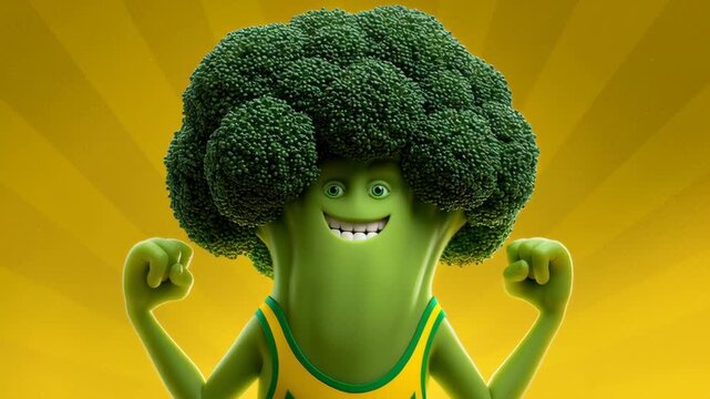Cartoon broccoli character with a cheerful expression raises hands in rock sign, showcasing a playful attitude against a vibrant yellow background