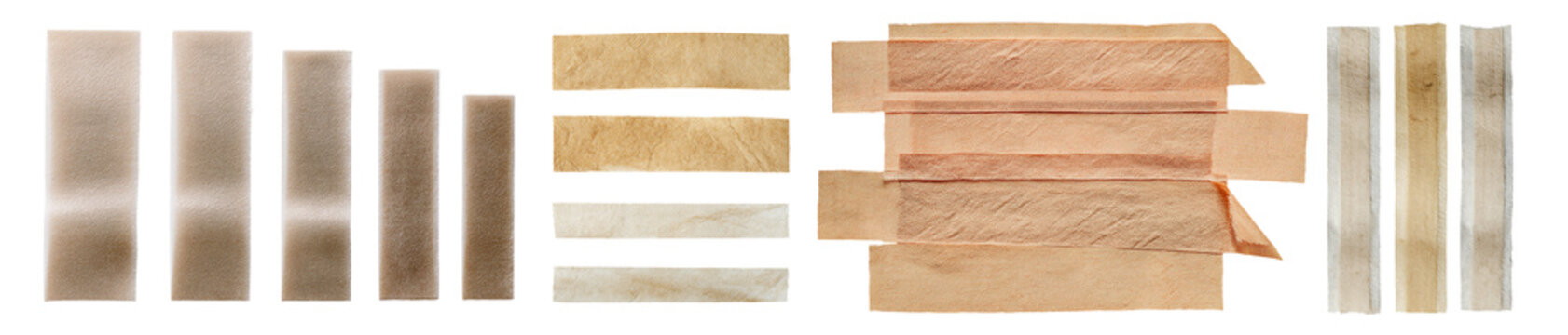 Collection set of strips of old vintage adhesive tape, isolated on white or transparent background, png cut out