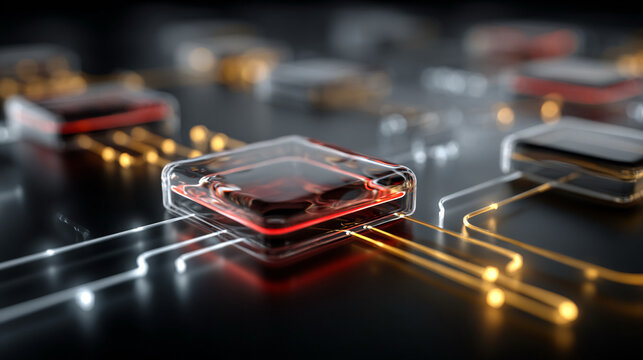 Lab-on-a-Chip Microfluidics in Medicine, Flowing Biological Fluids, Drug Screening, Disease Detection, Advanced 3D Scientific Visualization, Medical Diagnostics Technology Concept 