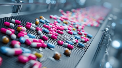 Obraz premium Automated pill manufacturing process, conveyor belt with capsules and tablets, robotic system, sterile pharma factory,