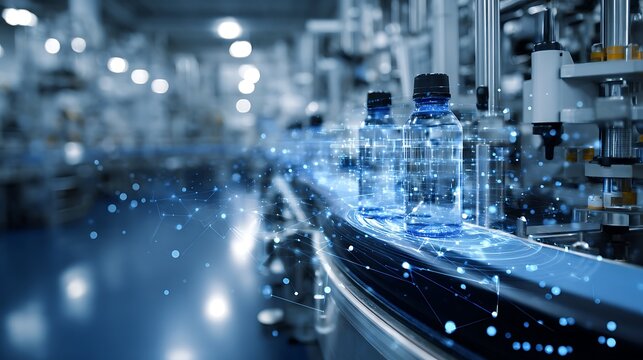 Global pharmaceutical supply chain concept, automated production line with data visualization overlay, high-tech factory