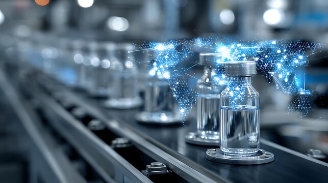 Global pharmaceutical supply chain concept, automated production line with data visualization overlay, high-tech factory
