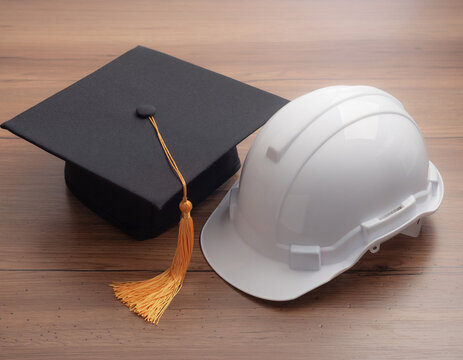 Academic Achievement Meets Professional Calling Graduation Cap and Hard Hat Symbolize the Journey from Education to a Rewarding Career in Construction or Engineering