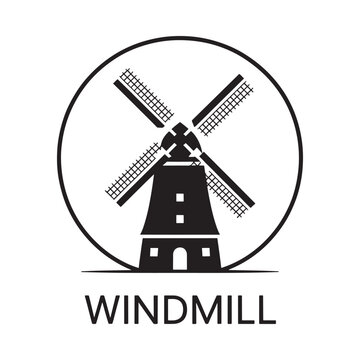 Windmill silhouette inside a circle black and white graphic