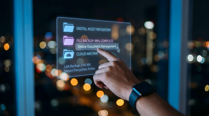 Fototapeta premium Hand interacting with a futuristic holographic screen displaying digital asset management options in a modern office at night.