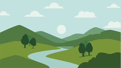 Naklejka premium Minimalist nature landscape vector featuring rolling green hills, a winding blue river, and distant mountains under a cloudy sky