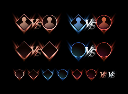 Fantasy glowing versus UI template set, red and blue duel frame for RPG, PVP, or battle match interface design.