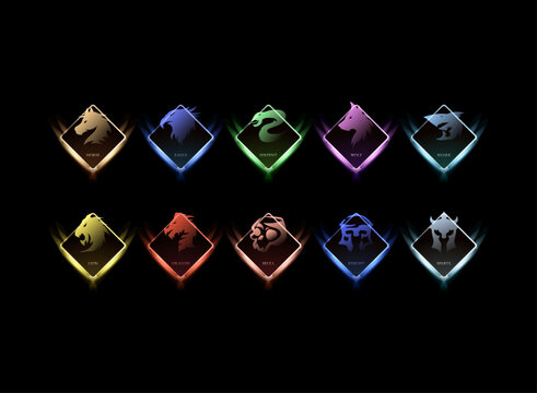 Fantasy glowing emblem icon set, colorful diamond badge collection featuring dragon, lion, serpent, wolf, and knight symbols.