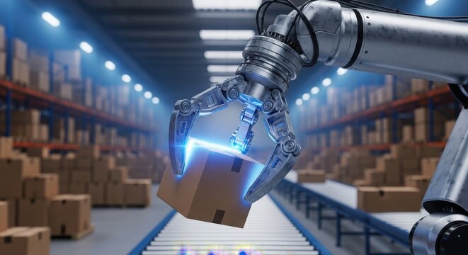 Robotic arm holding cardboard box in automated warehouse setting with conveyor belt