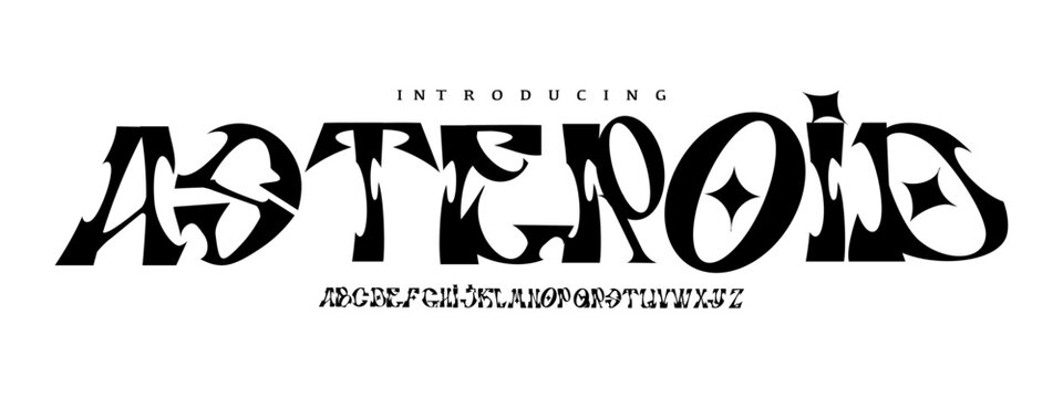 Asteroid: A warped Y2K display. Futuristic psychedelic serif for cyber branding, space logos, and retro-modern posters.