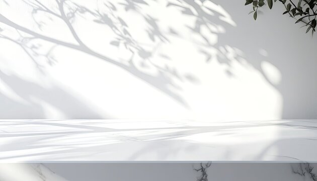 A minimalist interior scene showcases a marble surface illuminated by dappled sunlight filtering through foliage, creating an abstract play of light and shadow.