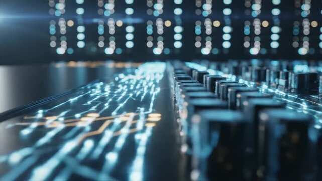 abstract electronic circuit board with glowing orange and blue lines, representing digital data flow, technology and innovation
