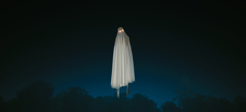 Spooky Halloween Ghost Figure with Glowing Eyes Haunting in Dark Mysterious Shadows 3d illustration
