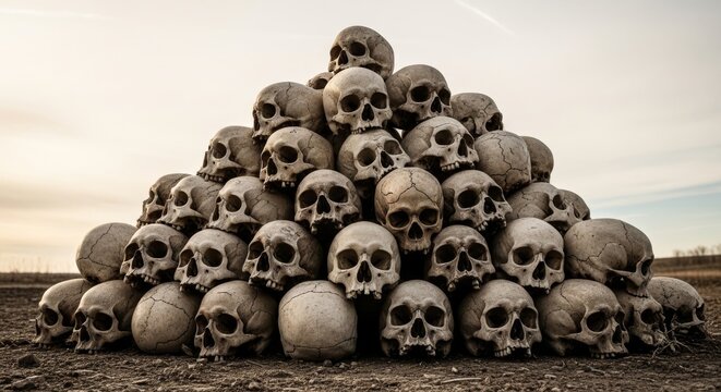 Towering Pile of Human Skulls Outdoors