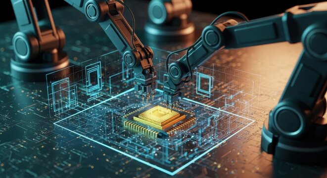 Robotic arms assembling microchip with futuristic circuit board technology and automation