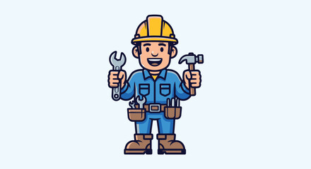 Obraz premium Charming cartoon illustration of a smiling construction worker holding tools ready for repairs and building projects