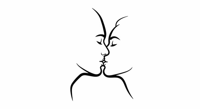 Abstract line art depicts two profiles kissing, evoking intimacy and passion