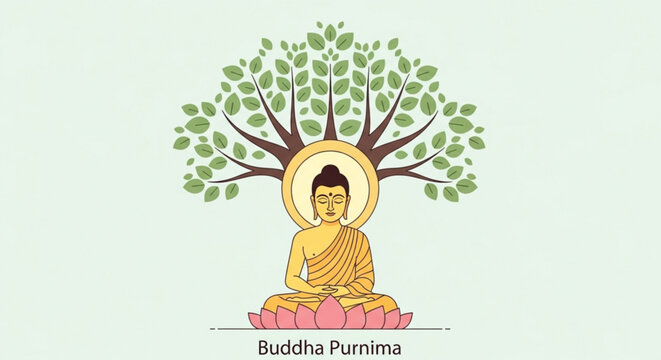 Buddha sits under bodhi tree in meditation on buddha purnima with serene green background