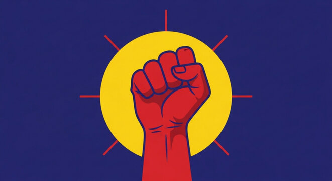 Raised fist with yellow sun on dark blue background symbolizing protest and hope