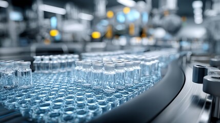 Obraz premium Sterile cleanroom vaccine packaging line, sealed glass vials in trays, automated labeling system