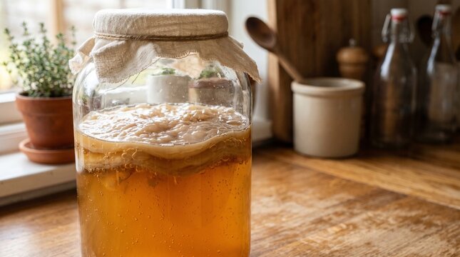Kombucha fermentation process in a glass jar on wooden table  
