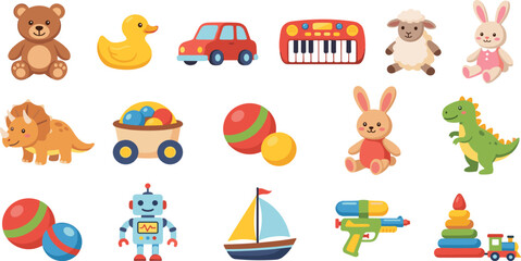 Colorful baby toys icon collection featuring teddy bear duck car piano sheep bunny triceratops wagon balls robot boat water gun and stacking rings for kids nursery design vector. © MST HASMOTARA
