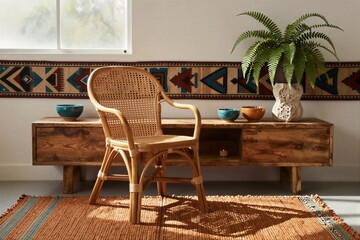 Fototapeta premium Cane chair beside wooden console with decorative trim