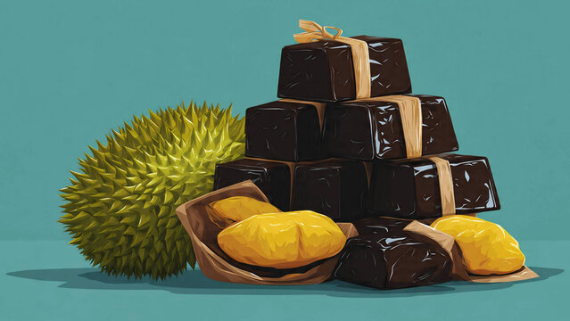 Traditional Durian Dodol Taffy Blocks Illustration with Fresh Fruit Element