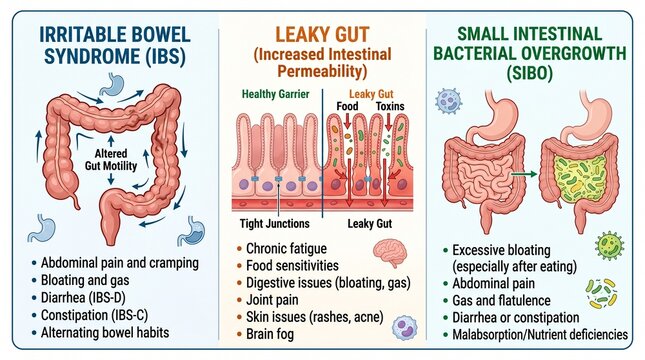 Infographic illustrating IBS, Leaky Gut, and SIBO symptoms and effects  