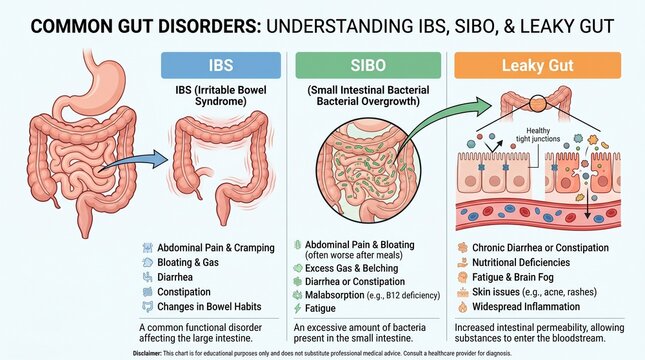 Common gut disorders infographic: IBS, SIBO, and leaky gut explained  