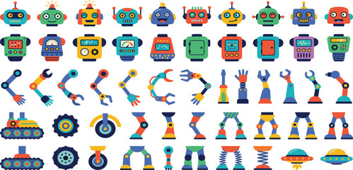 Fototapeta premium Colorful robot construction kit vector set featuring friendly heads torsos mechanical arms legs and wheels for creative character design and educational toy projects,